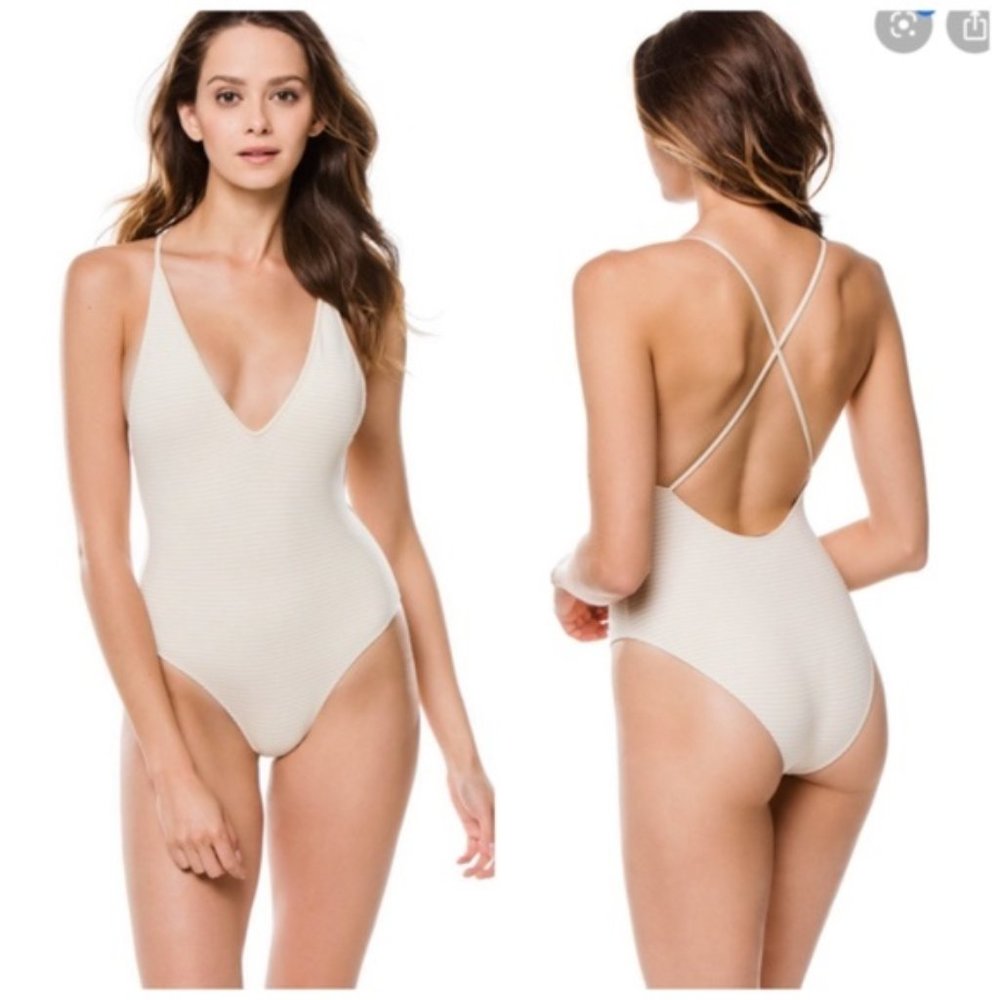 MARYSIA HARBOUR ISLAND SUMMER STRIPE TAN WHITE SWIMSUIT SIZE SMALL